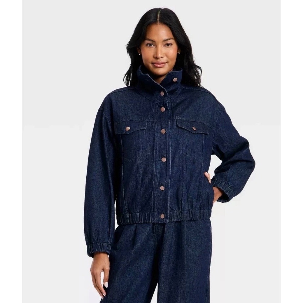 A New Day Womens Dark Wash Denim Bomber Jacket Blue Size L NWT Funnel Neck